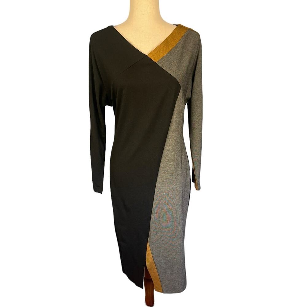 Ronen Chen Nelly Colorblock Long Sleeve Asymmetrical Sheath Dress Size 10 NWT - Picture 3 of 8